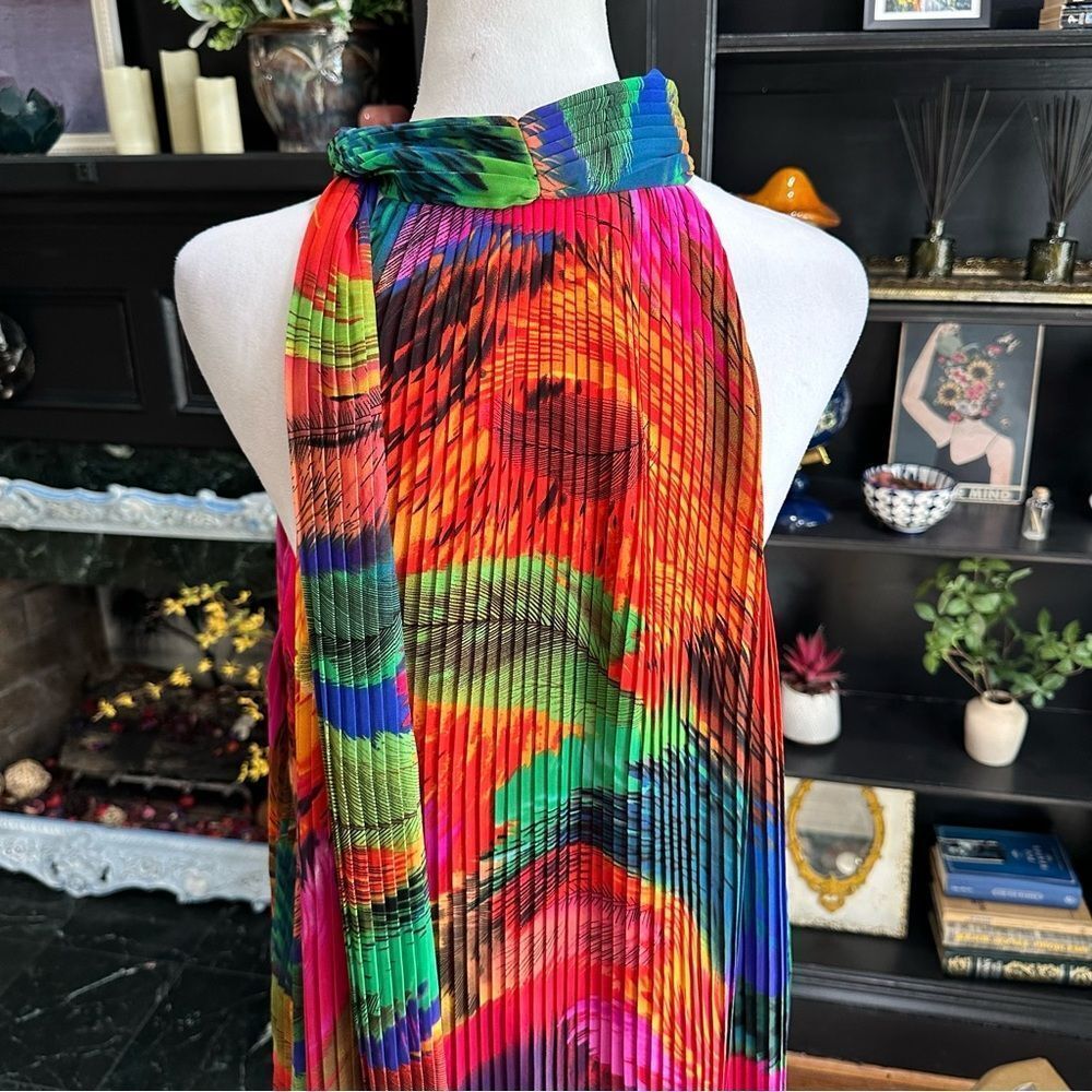 Oleg Cassini Multi‑Colored Tropical Pleated Dress • Size 12 • Vibrant Resort Vib - Picture 7 of 12